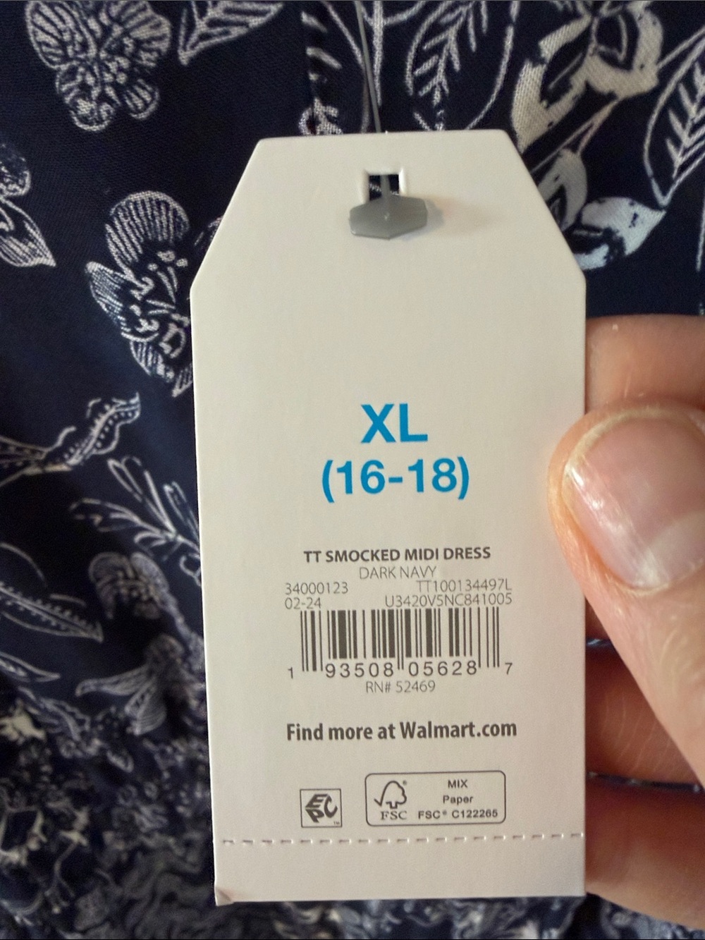 NWT Time and Tru Navy and White Floral Ruffle Sleeve Midi Dress Size XL 16-18 - Picture 5 of 8